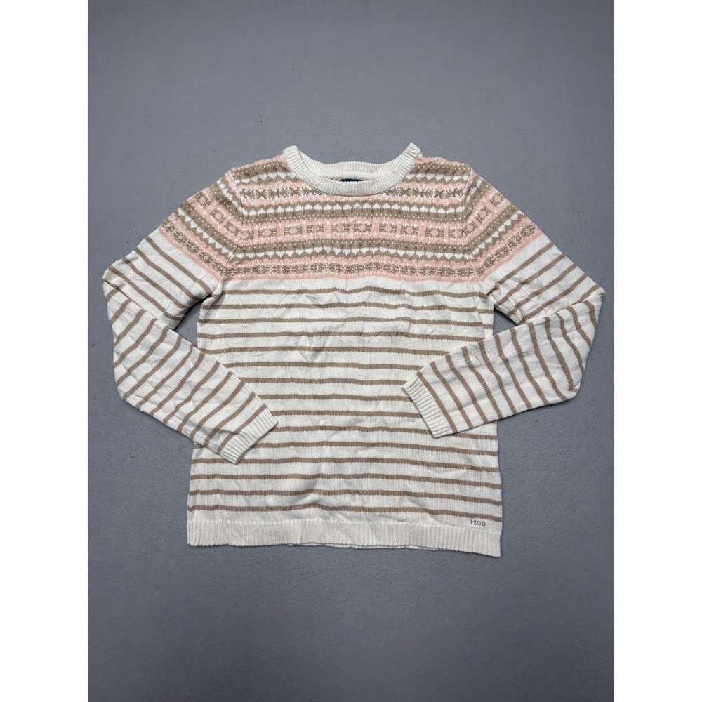 IZOD Sweater Cotton Acrylic Rayon Fair Isle Striped Pink Tan White M Womens